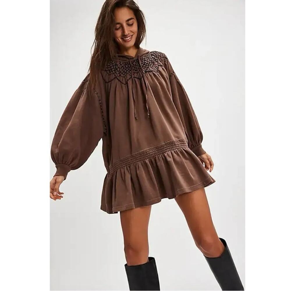 Free People Bohemian Marty Smocked Mini Dress Brown Bear Sweatshirt Tunic Medium - Picture 3 of 15